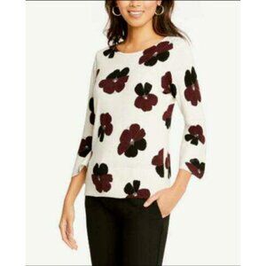 Ann Taylor White Red Floral Bell Flare Sleeve Lightweight Sweater XS
